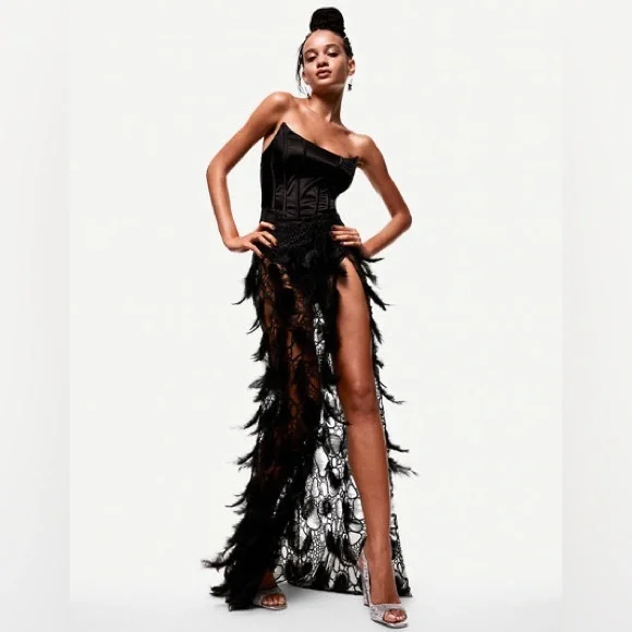 Betsey Johnson Feather beaded sheer strapless maxi dress nwot - Picture 2 of 9